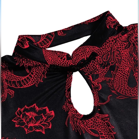 Women's Plus Size Chinese Dragon Print Bodycon Cheongsam Split Mini Dress - Picture 5 of 10